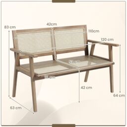 Costway Teak Wood Garden Bench 2 Person Patio Lounger Loveseat with Rattan Backrest & Seat in Natural - thumbnail 2