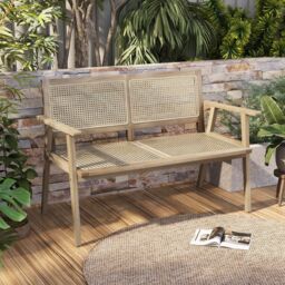Costway Teak Wood Garden Bench 2 Person Patio Lounger Loveseat with Rattan Backrest & Seat in Natural - thumbnail 3