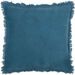 Furn Gracie 100% Cotton Velvet Fringed Cushion in Dark Blue - Size: 45 cm x 45 cm