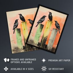"Artery8 Wall Art Print Three Crows Sitting on a Pier Pink Green Yellow Poster Picture in Beige - Size: W18"" x H24""" - thumbnail 2