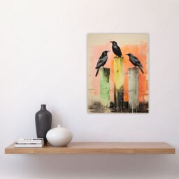 "Artery8 Wall Art Print Three Crows Sitting on a Pier Pink Green Yellow Poster Picture in Beige - Size: W18"" x H24""" - thumbnail 4