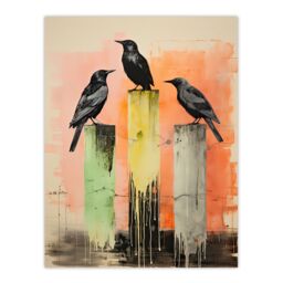 "Artery8 Wall Art Print Three Crows Sitting on a Pier Pink Green Yellow Poster Picture in Beige - Size: W18"" x H24""" - thumbnail 1
