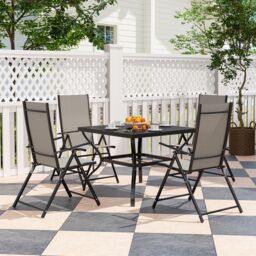 OUTSUNNY 5 PCs Garden Dining Set, Folding Chairs & Metal Top Table in Khaki - thumbnail 1