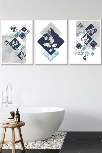 ARTZE Set of 3 White Framed Graphical Abstract Floral Navy Blue Grey Wall Art - Size: W33 cm x H45 cm x D20mm - image 1