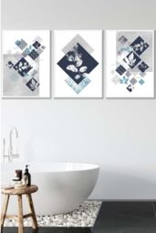 ARTZE Set of 3 White Framed Graphical Abstract Floral Navy Blue Grey Wall Art - Size: W33 cm x H45 cm x D20mm - thumbnail 1