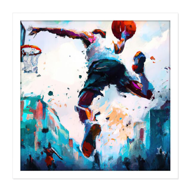 "Artery8 Wall Art Print City Basketball Slam Dunk Sport Splatter Watercolour Painting Teal Orange Square Framed Picture 16X16 Inch - Size: W16"" x H16""" - image 1