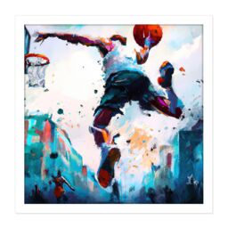 "Artery8 Wall Art Print City Basketball Slam Dunk Sport Splatter Watercolour Painting Teal Orange Square Framed Picture 16X16 Inch - Size: W16"" x H16""" - thumbnail 1