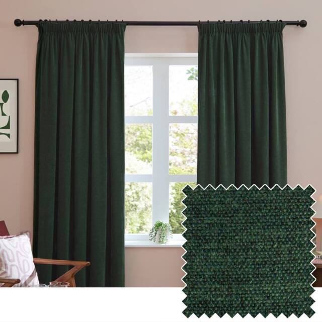 Furn Soft Chenille Blackout Pencil Pleat Curtain Pair in Bottle Green - Size: 229 cm width x 229 cm drop - image 1
