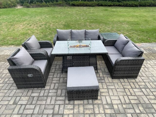 Fimous PE Wicker Outdoor Rattan Garden Furniture Set Propane Gas Fire Pit Table & Sofa Chair set with Side Table Big Footstool in Dark Grey - image 1