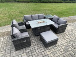Fimous PE Wicker Outdoor Rattan Garden Furniture Set Propane Gas Fire Pit Table & Sofa Chair set with Side Table Big Footstool in Dark Grey - thumbnail 3