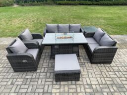 Fimous PE Wicker Outdoor Rattan Garden Furniture Set Propane Gas Fire Pit Table & Sofa Chair set with Side Table Big Footstool in Dark Grey - thumbnail 1
