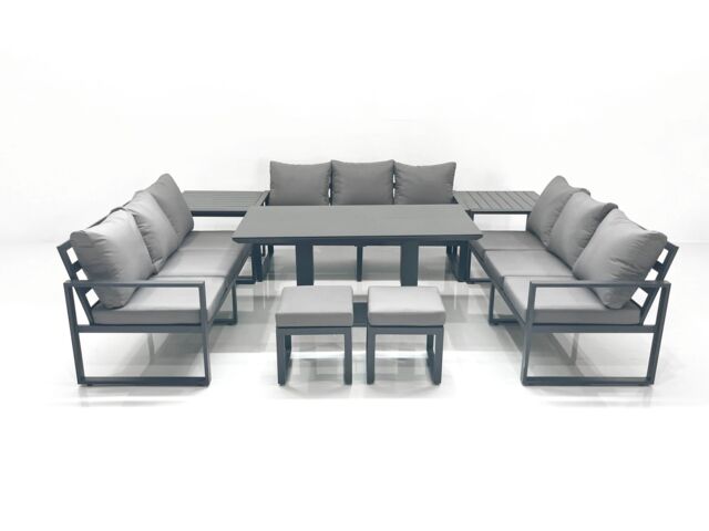Fimous 11 Seater Garden Sofa Set Aluminium Furniture Rising Dining Tabe Set with 2 Side Tables 2 Small Footstools Dark Grey - image 1