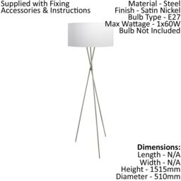 Loops Floor Lamp Light Satin Nickel Shade White Silver Fabric Pedal Switch Bulb E27 in Metallics - thumbnail 2