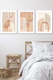 ARTZE Set of 3 White Framed Mid Century Terracotta & Beige Arches Wall Art - Size: W33 cm x H45 cm x D20mm - thumbnail 1