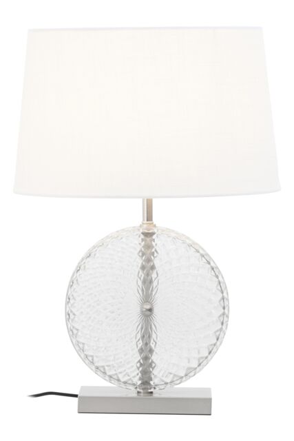 Orsina Glass & Brushed Chrome Table Lamp, Round Cut Glass & Chrome Base, White Linen Shade Lighting - image 1