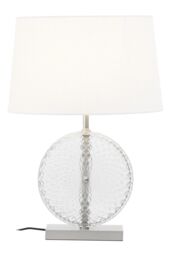 Orsina Glass & Brushed Chrome Table Lamp, Round Cut Glass & Chrome Base, White Linen Shade Lighting - thumbnail 1