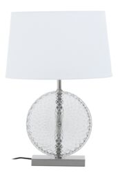 Orsina Glass & Brushed Chrome Table Lamp, Round Cut Glass & Chrome Base, White Linen Shade Lighting - thumbnail 2