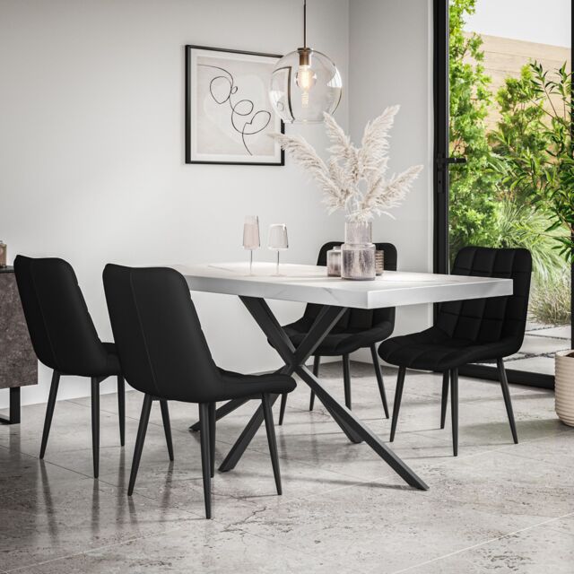 More4Homes Donni Dining Table & Chairs - White Marble Effect Table Top w Black Legs + Nova Faux Leather Dining Chair Set Of 4 - image 1