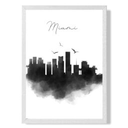 ARTZE Miami Watercolour Skyline City Framed Print SIZE: A4 with White Frame in Black - thumbnail 1