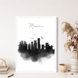 ARTZE Miami Watercolour Skyline City Framed Print SIZE: A4 with White Frame in Black - thumbnail 2