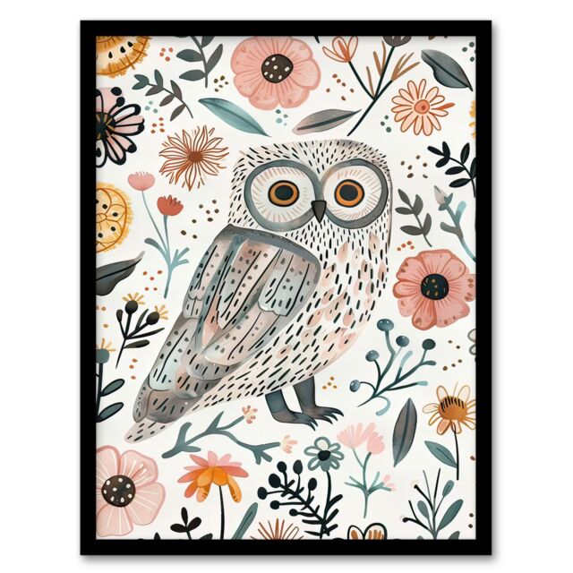 "Artery8 Cute Tawny Owl with Flowers Bright Watercolour Framed Wall Art - Size: W12"" x H16""" - image 1