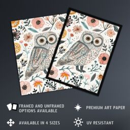 "Artery8 Cute Tawny Owl with Flowers Bright Watercolour Framed Wall Art - Size: W12"" x H16""" - thumbnail 2
