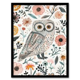 "Artery8 Cute Tawny Owl with Flowers Bright Watercolour Framed Wall Art - Size: W12"" x H16""" - thumbnail 1