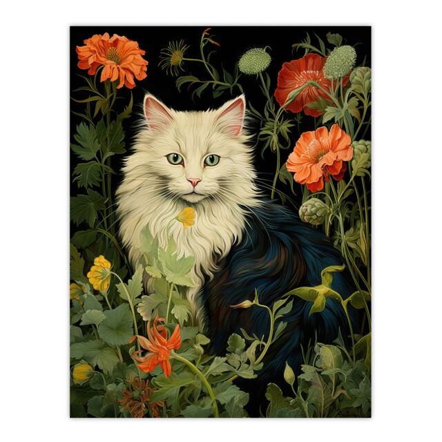 Artery8 Stylish Black & White Cat Flowers Green Floral Design Illustration Peony Large Wall Unframed Art Poster Print Thick Paper 18X24 Inch - image 1