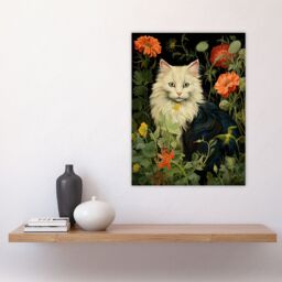 Artery8 Stylish Black & White Cat Flowers Green Floral Design Illustration Peony Large Wall Unframed Art Poster Print Thick Paper 18X24 Inch - thumbnail 4