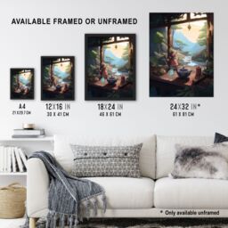 Artery8 Wall Art Print Tranquil Tea Ceremony in Nature Painting Japan Hospitality Traditional Customs at Sunrise in Forest River Landscape Art Framed - thumbnail 3