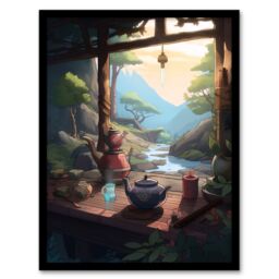 Artery8 Wall Art Print Tranquil Tea Ceremony in Nature Painting Japan Hospitality Traditional Customs at Sunrise in Forest River Landscape Art Framed - thumbnail 1