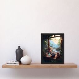 Artery8 Wall Art Print Tranquil Tea Ceremony in Nature Painting Japan Hospitality Traditional Customs at Sunrise in Forest River Landscape Art Framed - thumbnail 4