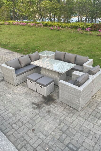 Fimous Rattan Garden Funiture Set Height Adjustable Rising Lifting Table Sofa Dining Set Lounge Chair in Light Grey - image 1
