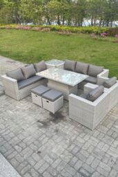 Fimous Rattan Garden Funiture Set Height Adjustable Rising Lifting Table Sofa Dining Set Lounge Chair in Light Grey - thumbnail 1