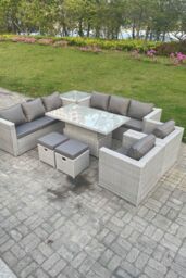 Fimous Rattan Garden Funiture Set Height Adjustable Rising Lifting Table Sofa Dining Set Lounge Chair in Light Grey - thumbnail 2