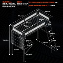 X Rocker Icarus XL High Sleeper Bunk Bed with Gaming Desk with Mattress in Black - Size: Single - thumbnail 6