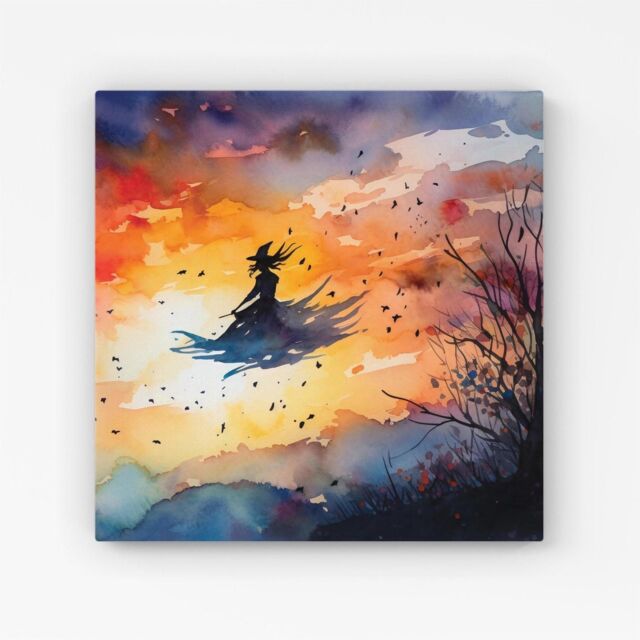 "Warren Reed - Designer A Mesmerizing Watercolor Artwork Featuring A Graceful Witch Canvas in Orange - Size: W16"" x H16""" - image 1
