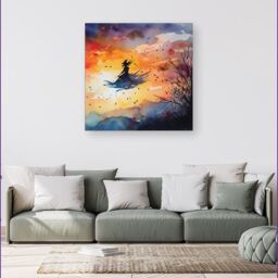 "Warren Reed - Designer A Mesmerizing Watercolor Artwork Featuring A Graceful Witch Canvas in Orange - Size: W16"" x H16""" - thumbnail 4