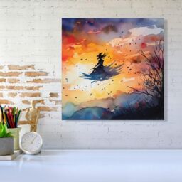 "Warren Reed - Designer A Mesmerizing Watercolor Artwork Featuring A Graceful Witch Canvas in Orange - Size: W16"" x H16""" - thumbnail 2