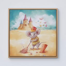 Warren Reed - Designer Mouse On A Beach Holiday Framed Canvas in Light Brown - Size: w40 inch x h40 inch - thumbnail 1