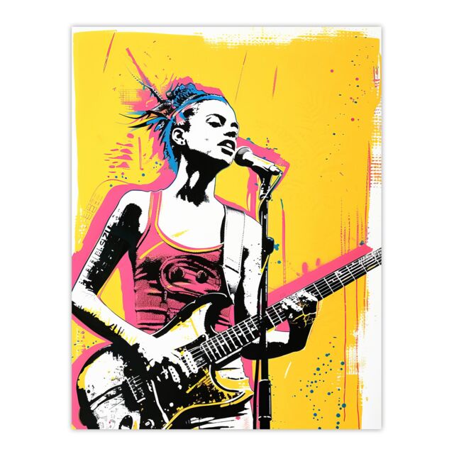 "Artery8 Female Punk Music Guitarist Portrait Yellow Pink Wall Art Print - Size: W12"" x H16""" - image 1