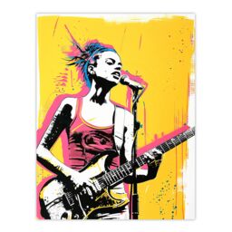 "Artery8 Female Punk Music Guitarist Portrait Yellow Pink Wall Art Print - Size: W12"" x H16""" - thumbnail 1