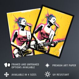 "Artery8 Female Punk Music Guitarist Portrait Yellow Pink Wall Art Print - Size: W12"" x H16""" - thumbnail 2