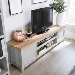Home Source 2 Door TV Stand Unit with Storage Cabinet & Open Shelving in Grey - thumbnail 5