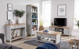 Home Source 2 Door TV Stand Unit with Storage Cabinet & Open Shelving in Grey - thumbnail 8
