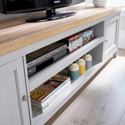 Home Source 2 Door TV Stand Unit with Storage Cabinet & Open Shelving in Grey - thumbnail 3