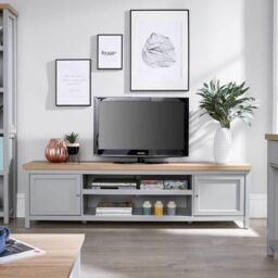 Home Source 2 Door TV Stand Unit with Storage Cabinet & Open Shelving in Grey - thumbnail 6