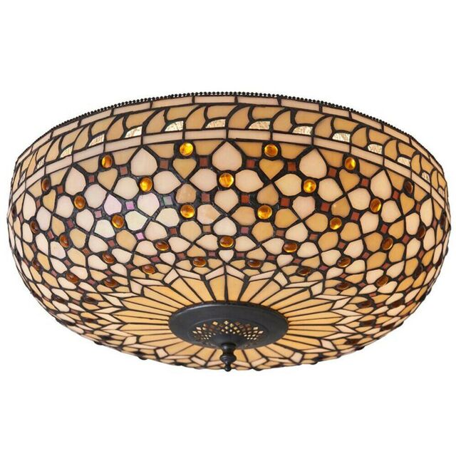 Loops Tiffany Glass Semi Flush Ceiling Light Cream Bronze Round Inverted Shade i00156 in Clear - image 1