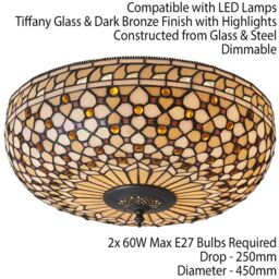 Loops Tiffany Glass Semi Flush Ceiling Light Cream Bronze Round Inverted Shade i00156 in Clear - thumbnail 2