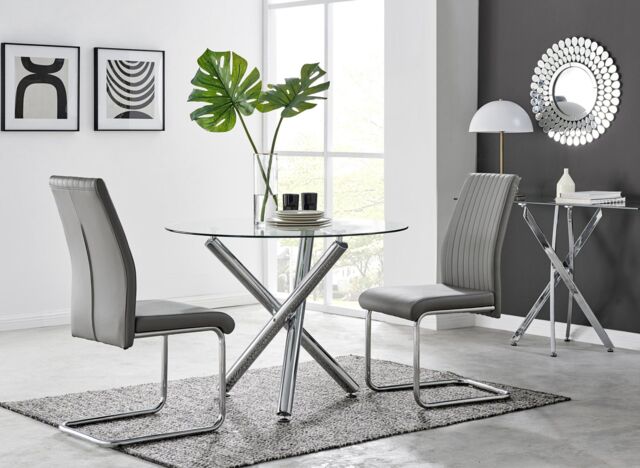 FurnitureboxUK Selina Round Glass & Chrome Metal Dining Table & Lorenzo Chairs Set in Grey - Size: 4 Person - image 1